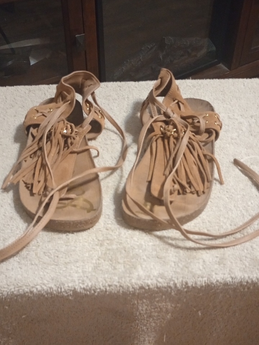 Sam Edelman Tan Fringe Lace-Up Gladiator Sandals Suede With Ankle Straps Sze 8.5